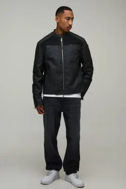 Veste Moto Homme Coupe Boxy À Effet Gaufré