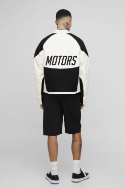 Veste moto Tall Boxy en synthétique avec panneau contraste et effet bouclé.