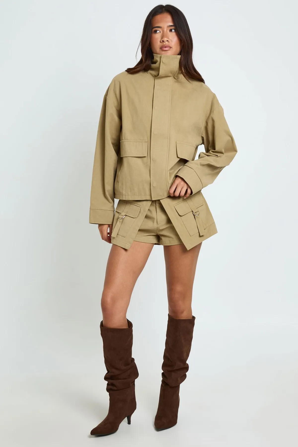 boohoo Veste Oversize À Col Cheminée En Sergé<Femme Tons Neutres|Tops