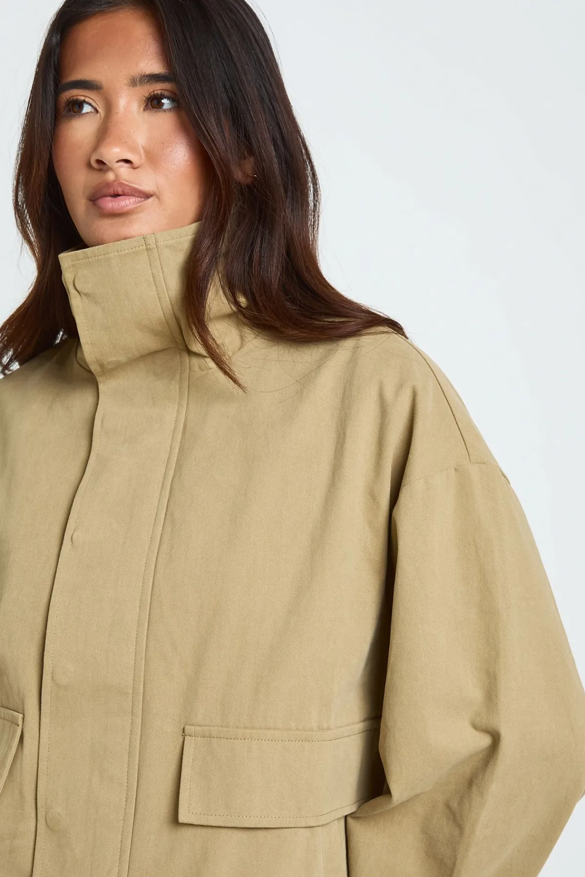 boohoo Veste Oversize À Col Cheminée En Sergé<Femme Tons Neutres|Tops