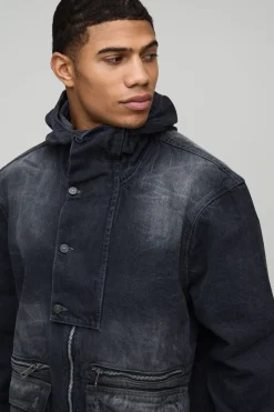 boohooMAN Veste oversize à col entonnoir froissée acid wash<Homme Denim|Denim