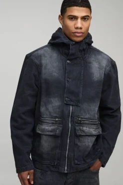 boohooMAN Veste oversize à col entonnoir froissée acid wash<Homme Denim|Denim