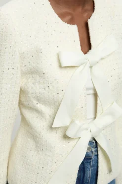 Veste Peplum Ajustée en Bouclé avec Détail Nœud
