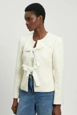 Veste Peplum Ajustée en Bouclé avec Détail Nœud