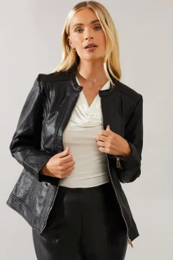 Veste Petite en synthétique Noir avec Détails de Coutures
