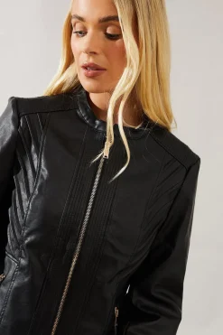 Veste Petite en synthétique Noir avec Détails de Coutures