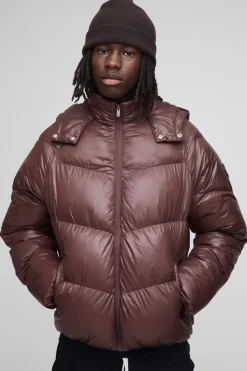 boohooMAN Veste puffer à capuche à panneaux, coupe régulière, finition brillante et effet entonnoir<Homme Manteaux Et Vestes