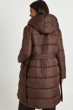 Veste puffer longue à ceinture