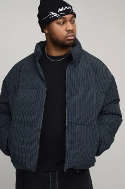 Veste puffer oversize à carreaux en tissu ripstop, col entonnoir