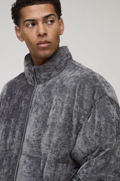 boohooMAN Veste puffer Regular Fit en velours texturé à col entonnoir<Homme Manteaux Et Vestes