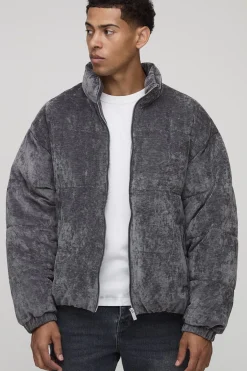 boohooMAN Veste puffer Regular Fit en velours texturé à col entonnoir<Homme Manteaux Et Vestes