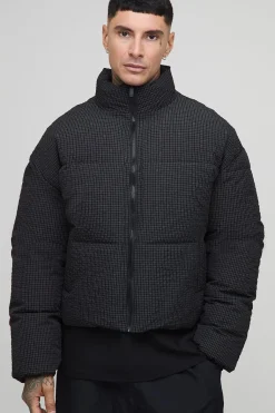 Veste puffer surdimensionnée à carreaux ripstop avec col entonnoir