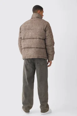 boohooMAN Veste puffer surdimensionnée en brun à col entonnoir et effet froissé<Homme Manteaux Et Vestes