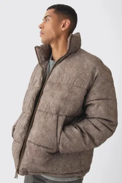 boohooMAN Veste puffer surdimensionnée en brun à col entonnoir et effet froissé<Homme Manteaux Et Vestes