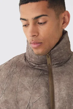 boohooMAN Veste puffer surdimensionnée en brun à col entonnoir et effet froissé<Homme Manteaux Et Vestes