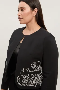 Veste Sans Col Ajustée avec Détails Ajourés Grande Taille