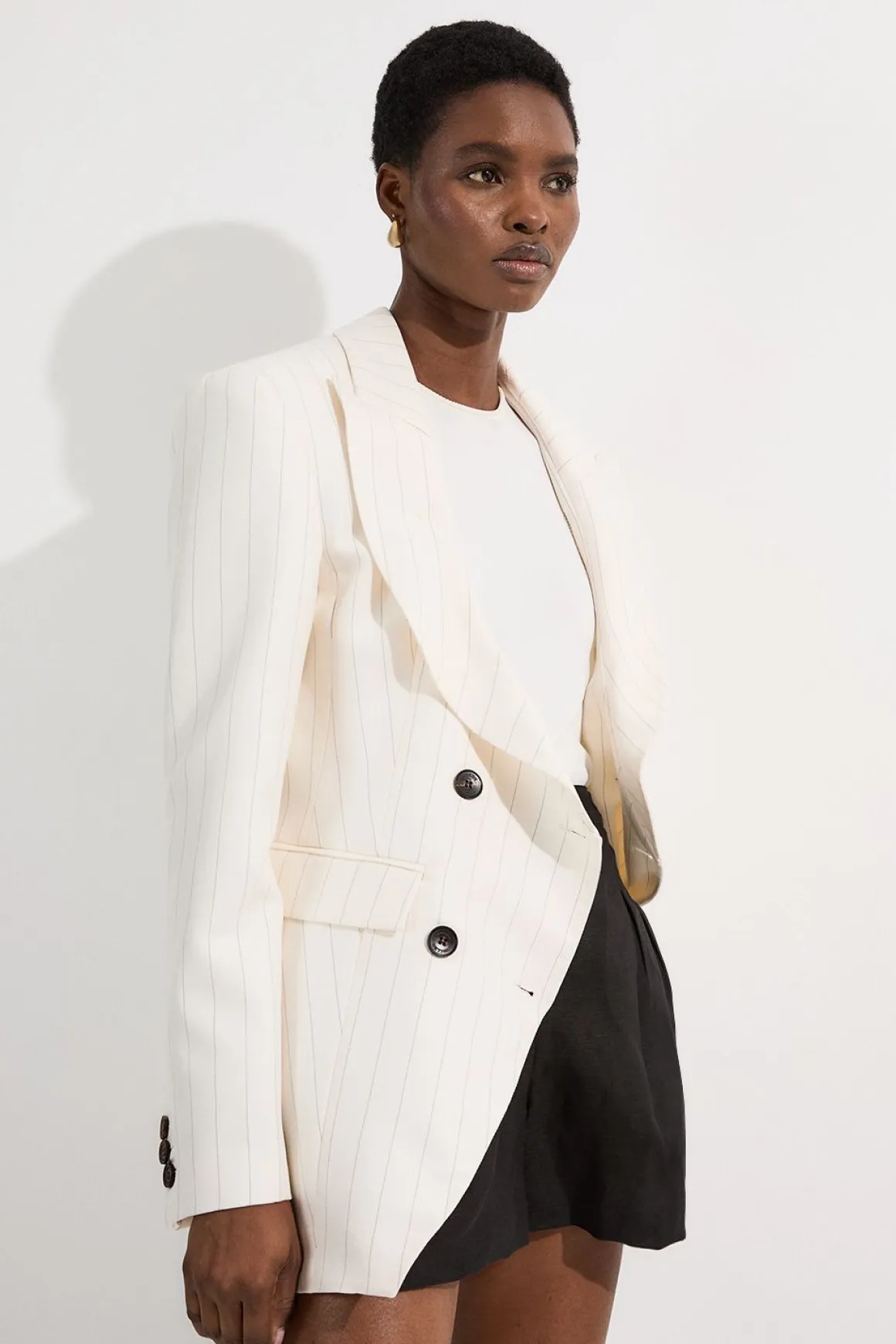 Veste Tailleur Cintrée à Double Boutonnage à Rayures