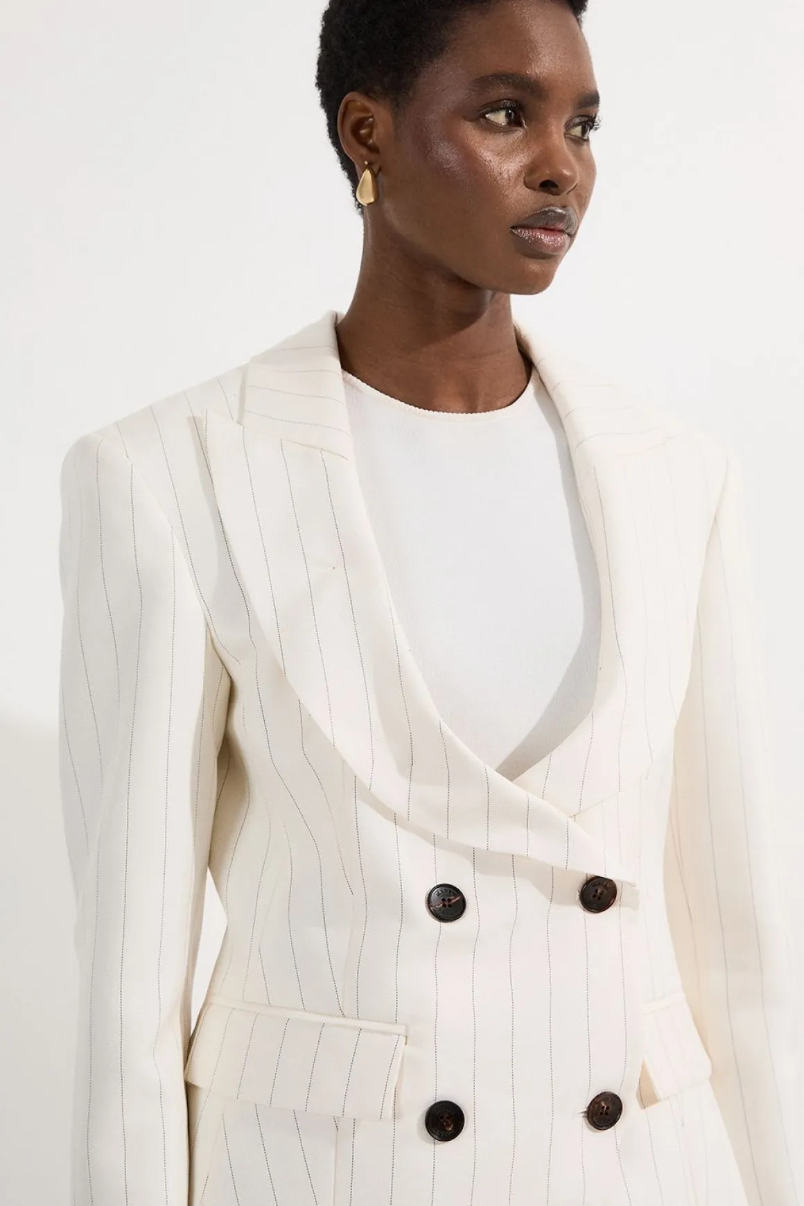 Veste Tailleur Cintrée à Double Boutonnage à Rayures