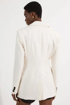 Veste Tailleur Cintrée à Double Boutonnage à Rayures