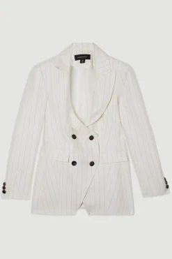 Veste Tailleur Cintrée à Double Boutonnage à Rayures