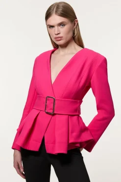 Veste tailleur peplum stretch compacte ceinturée