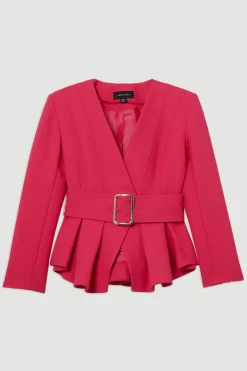 Veste tailleur peplum stretch compacte ceinturée