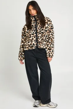 Veste Teddy Col Cheminée Imprimé Léopard