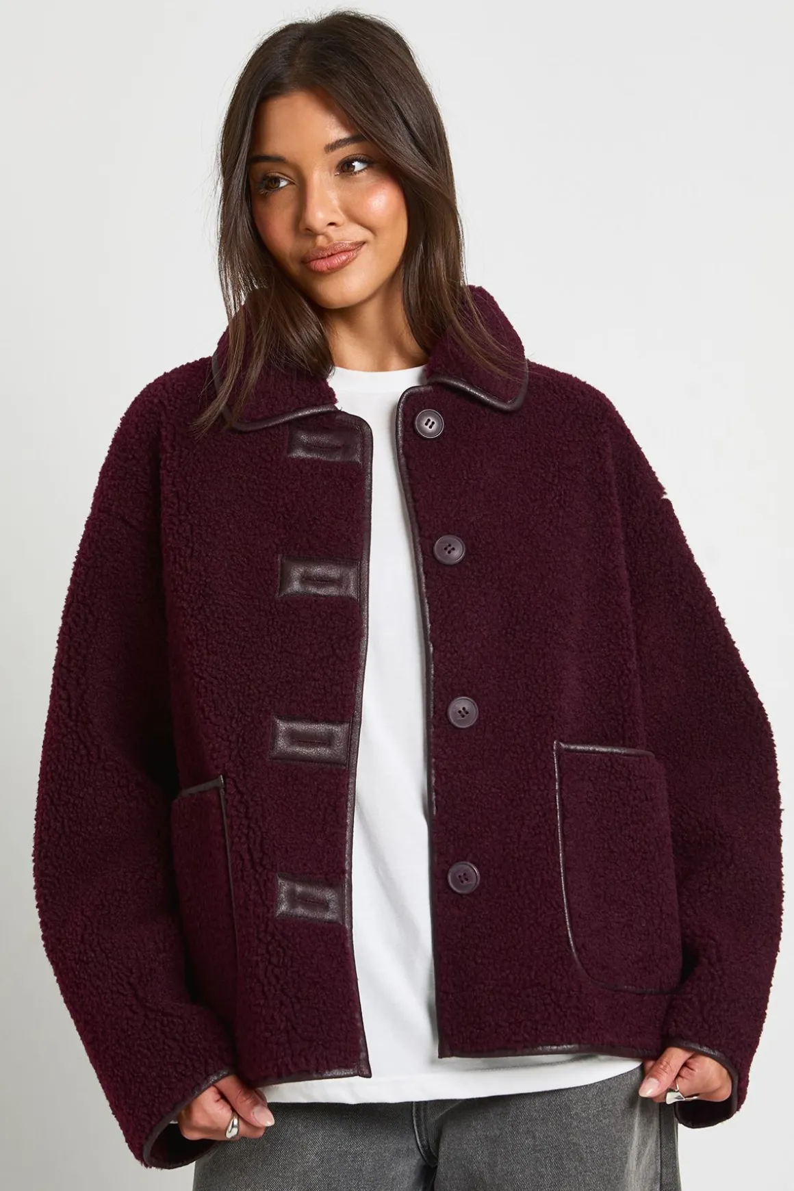 Veste Teddy à col et garniture contrastante