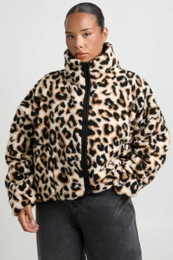Veste Teddy Grande Taille Col Montant Imprimé Léopard