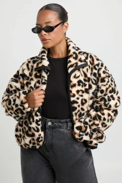 Veste Teddy Grande Taille Col Montant Imprimé Léopard