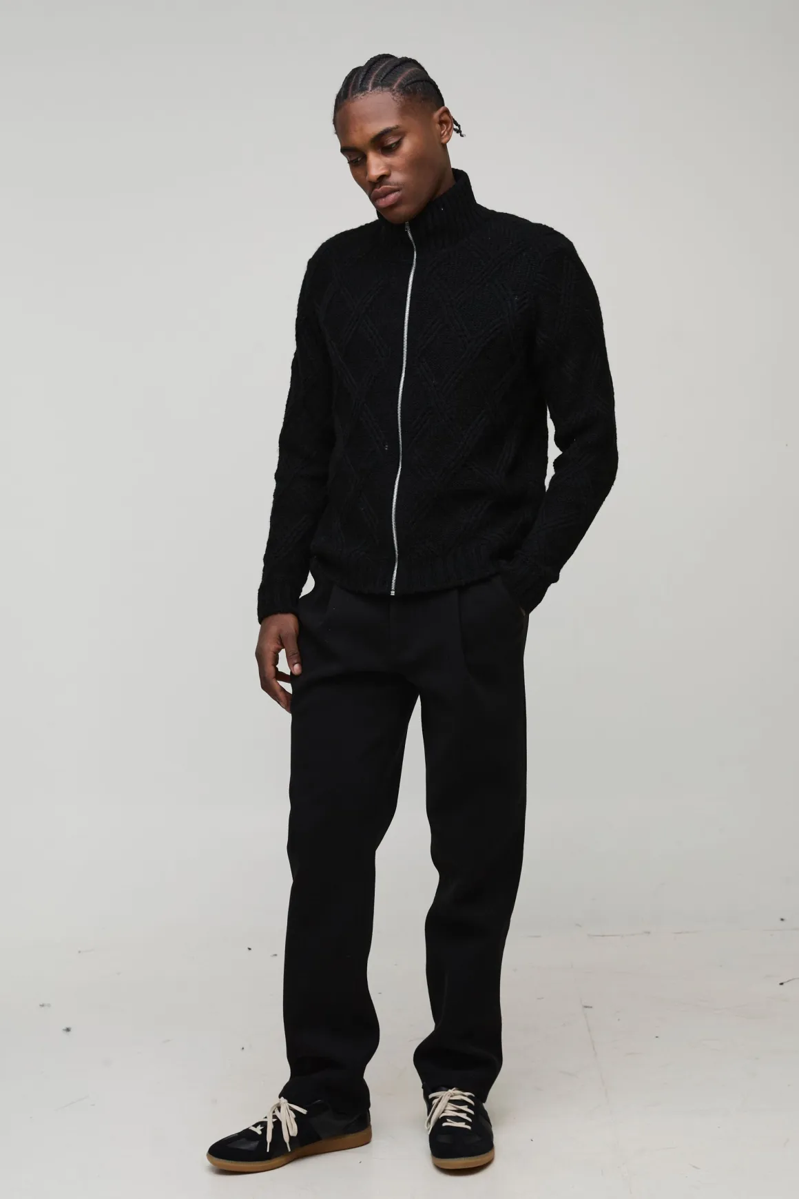 Veste tricotée Boxy à motif en croisillons et fermeture éclair