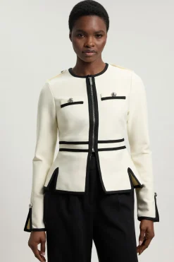Veste Tricot Petite Taille Ajustée Bandage Style Militaire avec Passepoil Contrastant et Ourlet Fendu