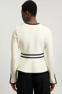 Veste Tricot Petite Taille Ajustée Bandage Style Militaire avec Passepoil Contrastant et Ourlet Fendu