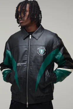Veste Universitaire Brodée En Synthétiquecuir À Empiècements Contrastés Pour Grande Taille