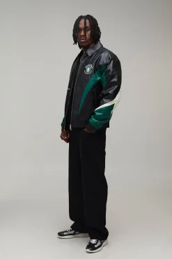 Veste Universitaire Brodée En Synthétiquecuir À Empiècements Contrastés Pour Grande Taille