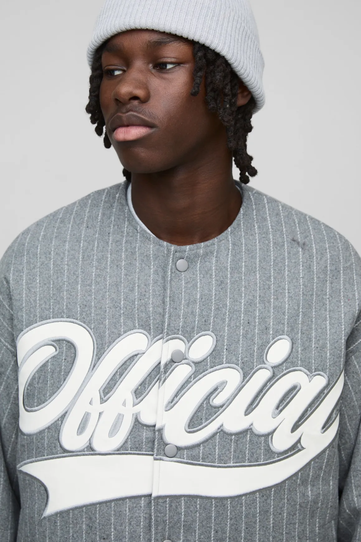 Veste Varsity Baseball à Rayures, Sans Col, Surdimensionnée