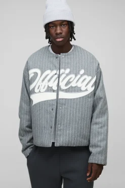 Veste Varsity Baseball à Rayures, Sans Col, Surdimensionnée