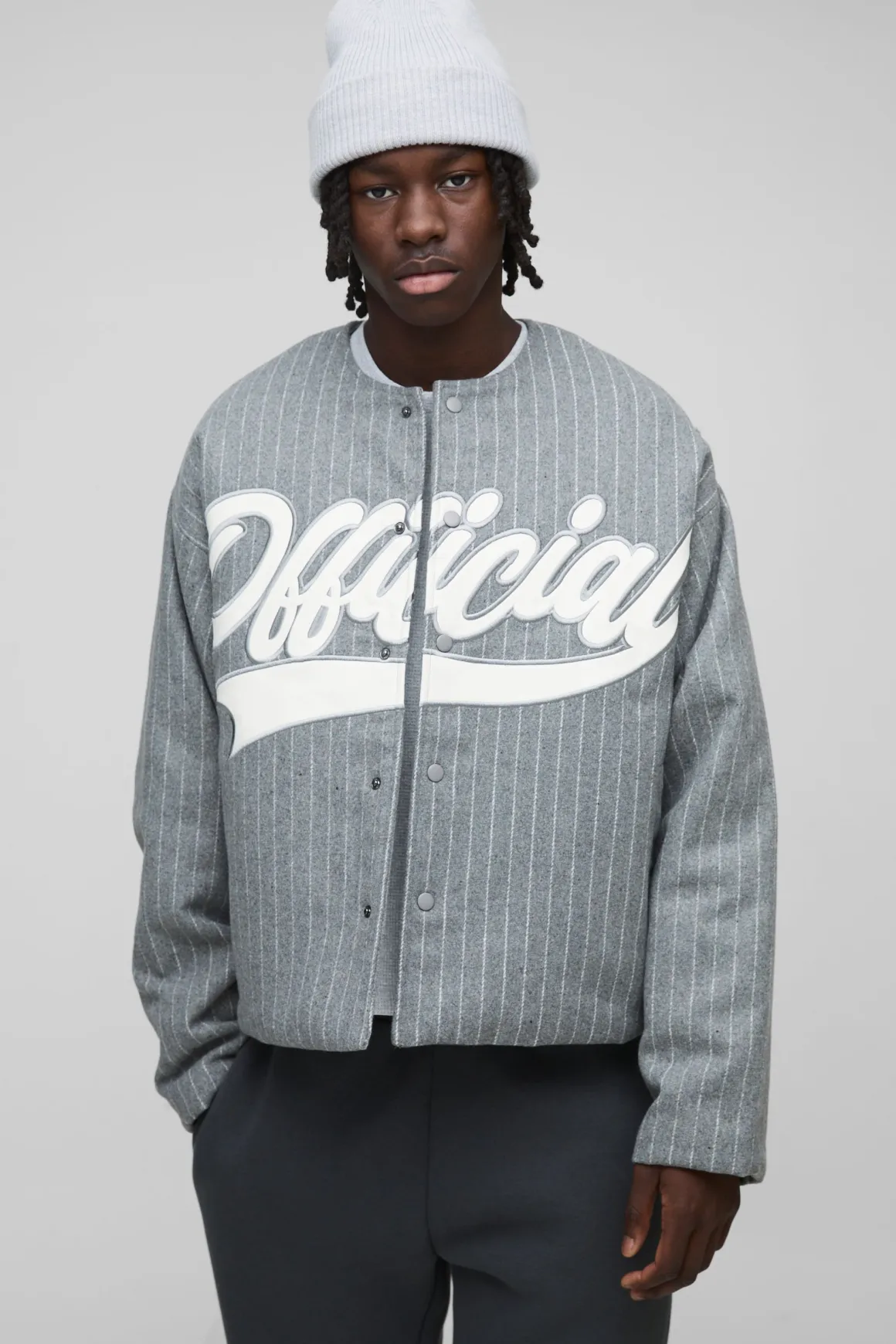 Veste Varsity Baseball à Rayures, Sans Col, Surdimensionnée