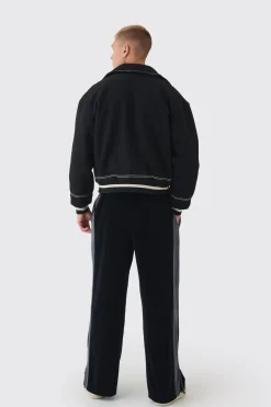 Veste Varsity en melton noire à coupe boxy avec détails de surpiqûres