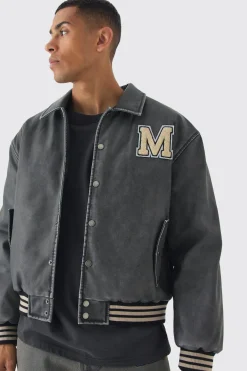 Veste varsity en synthétique lavée, style boxy, en gris