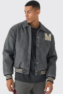Veste varsity en synthétique lavée, style boxy, en gris