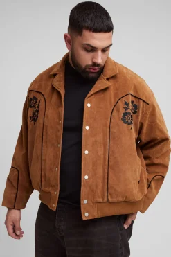 Veste Western oversize à coupe carrée en synthétique-suède brodé pour grandes tailles