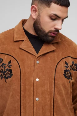 Veste Western oversize à coupe carrée en synthétique-suède brodé pour grandes tailles