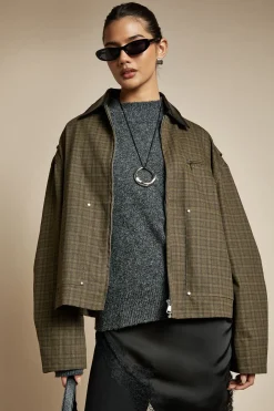 Veste zippée à carreaux avec col contrastant