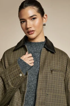 Veste zippée à carreaux avec col contrastant