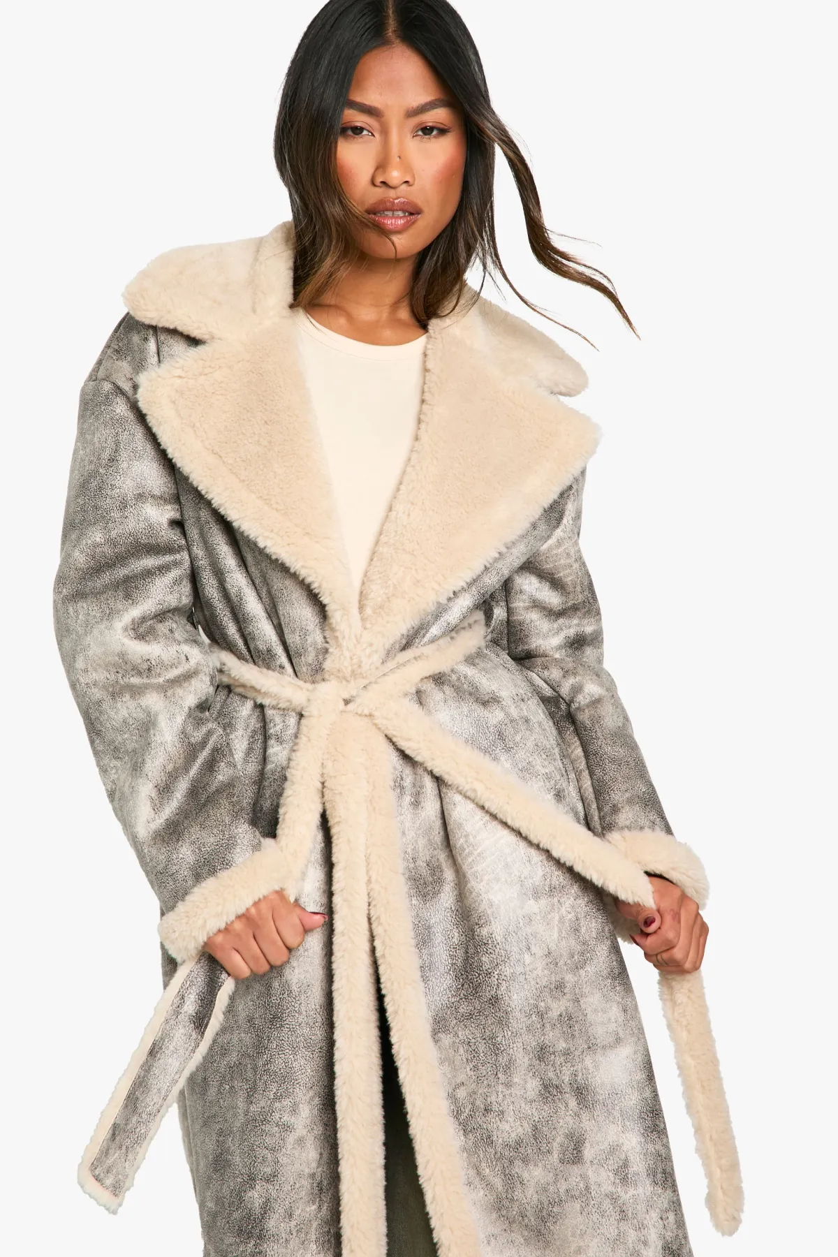 boohoo Vintage Look Longline Belted Aviator Jacket<Femme Manteaux Et Vestes D’Automne|Vestes & Manteaux