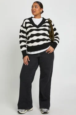 V Neck Strip Pull en maille surdimensionné rayé à col en V