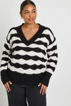 V Neck Strip Pull en maille surdimensionné rayé à col en V