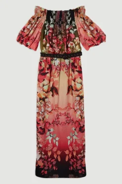 Voile Robe Mi-Longue Bardot à Motifs Floraux Miroités Tissés