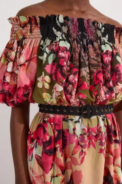 Voile Robe Mi-Longue Bardot à Motifs Floraux Miroités Tissés